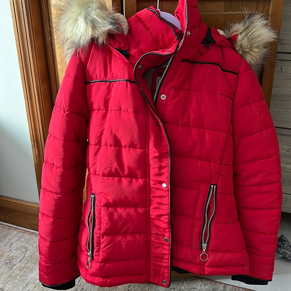 Red faux fur hooded ski jacket